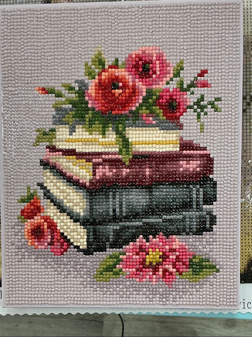 Stacked Books & Pink Floral Diamond Embroidery Wall Art-Completed 8”x10”